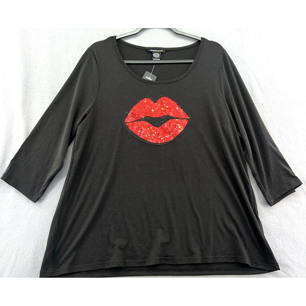VTG Robert Louis Shirt Womens Large Black Valentines Red Lips Half Sleeve